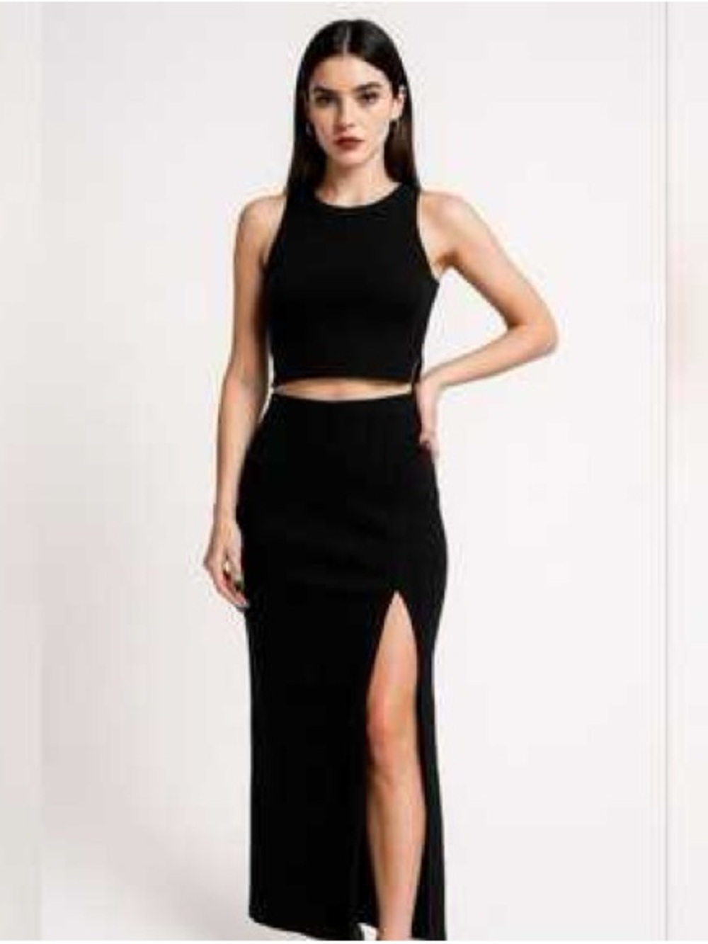 House of Harlow Black High-Slit Maxi Skirt and Top Set